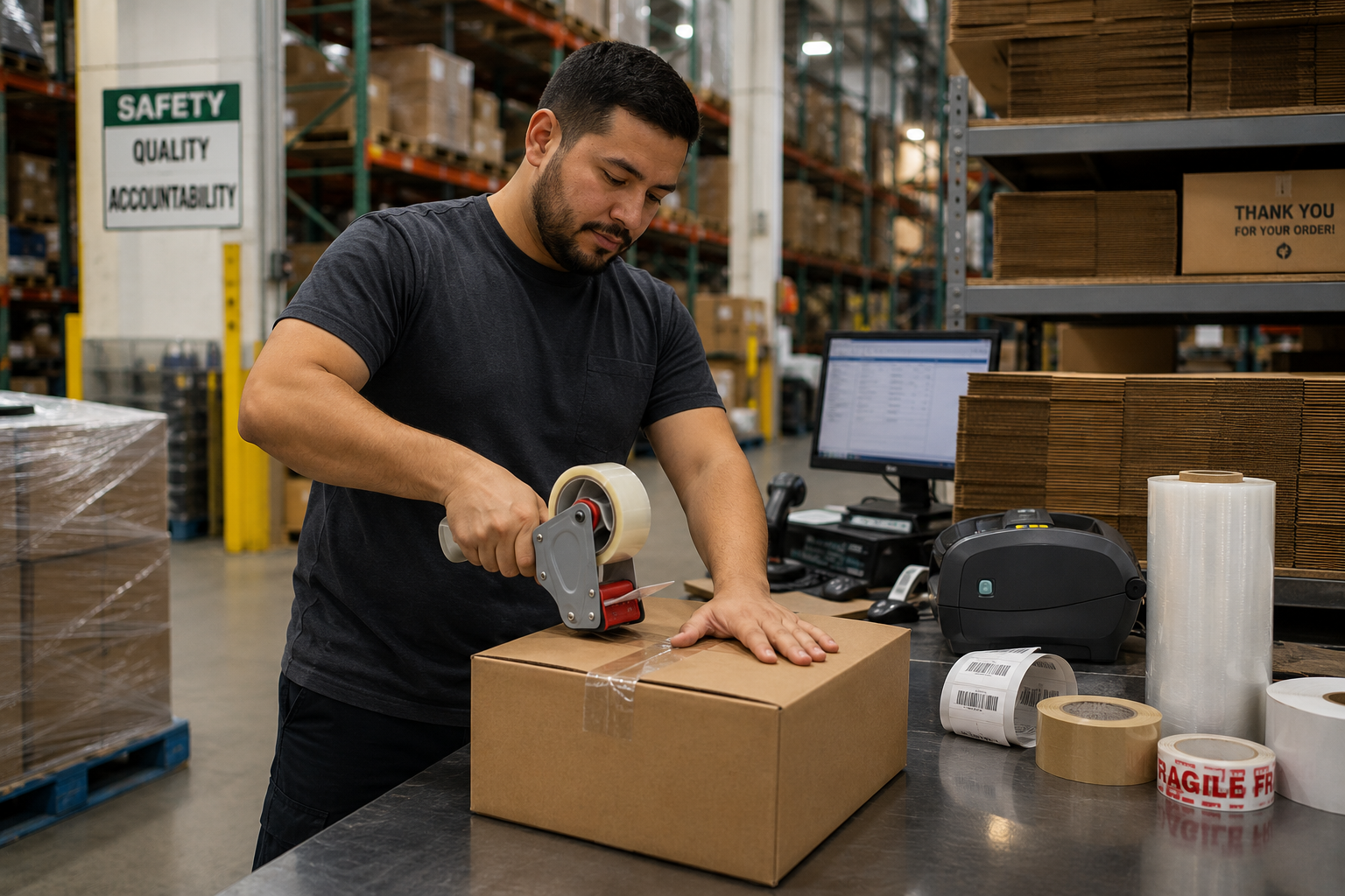 Worker taping a corrugated shipping box at a packing station