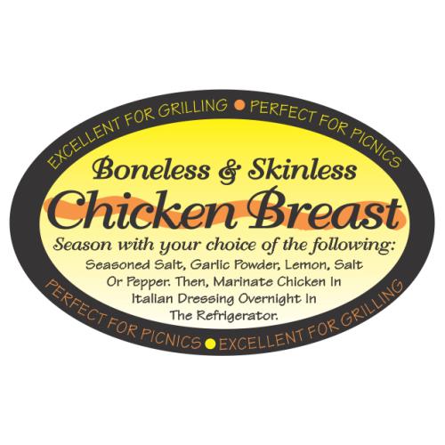 2" OVAL CHICKEN BREAST-BONELES SKINLESS BLK/YEL/OR LABEL