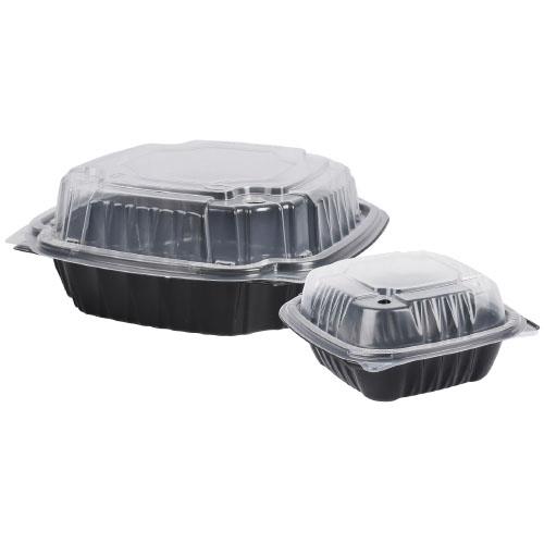 Hinged Cntr 1-Compartment_ PP 9.25X9X3 Black Base Clear Lid